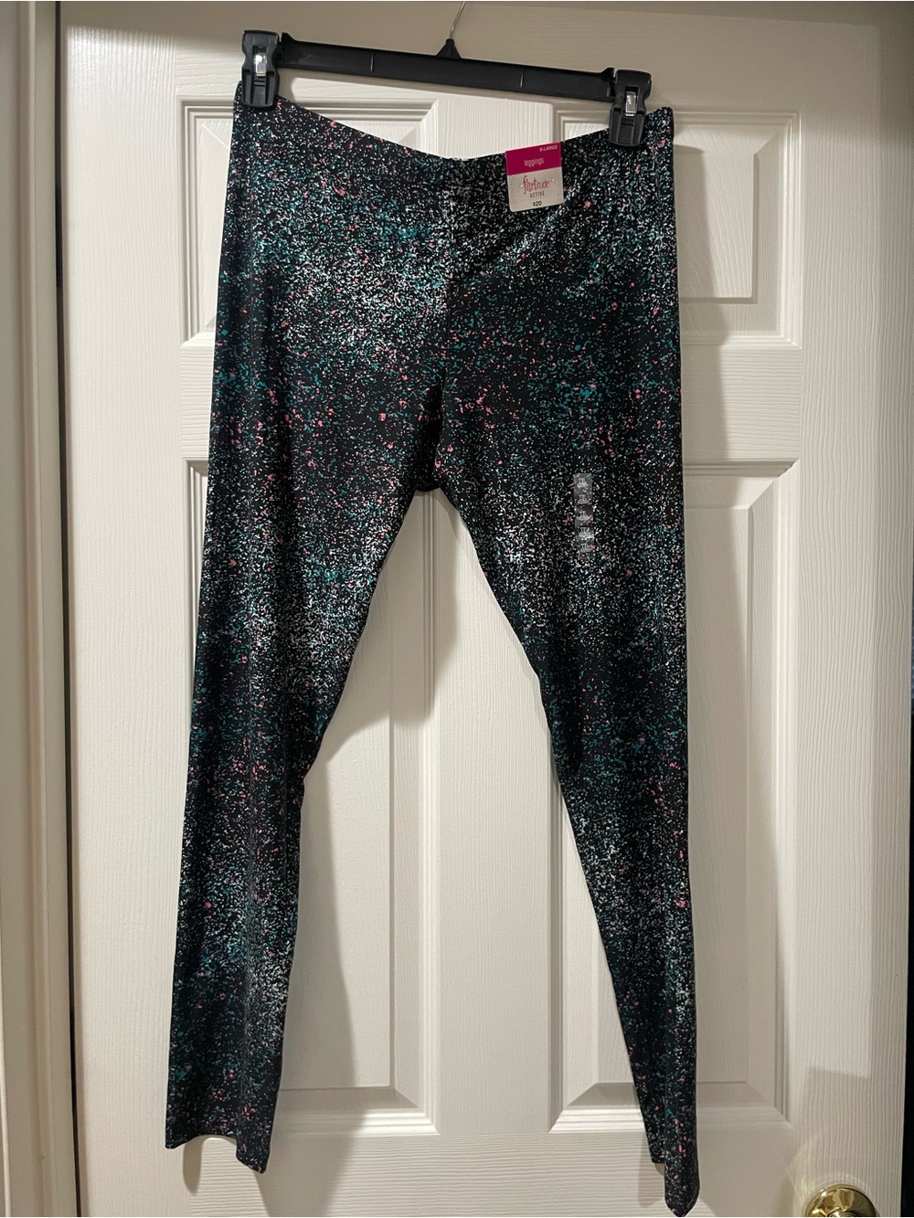 flirtitude Black Speckle Print Leggings with Teal and Pink Accents